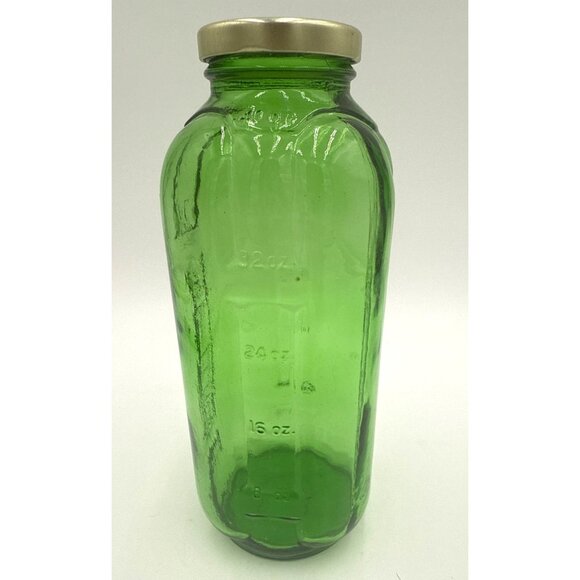 Vintage Embossed Green Glass Refrigerator Water Bottle Gold Metal Lid 32 Oz Lid - Picture 4 of 11